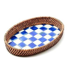 MacKenzie-Childs Royal Check Small Enamel & Rattan Serving Tray NEW